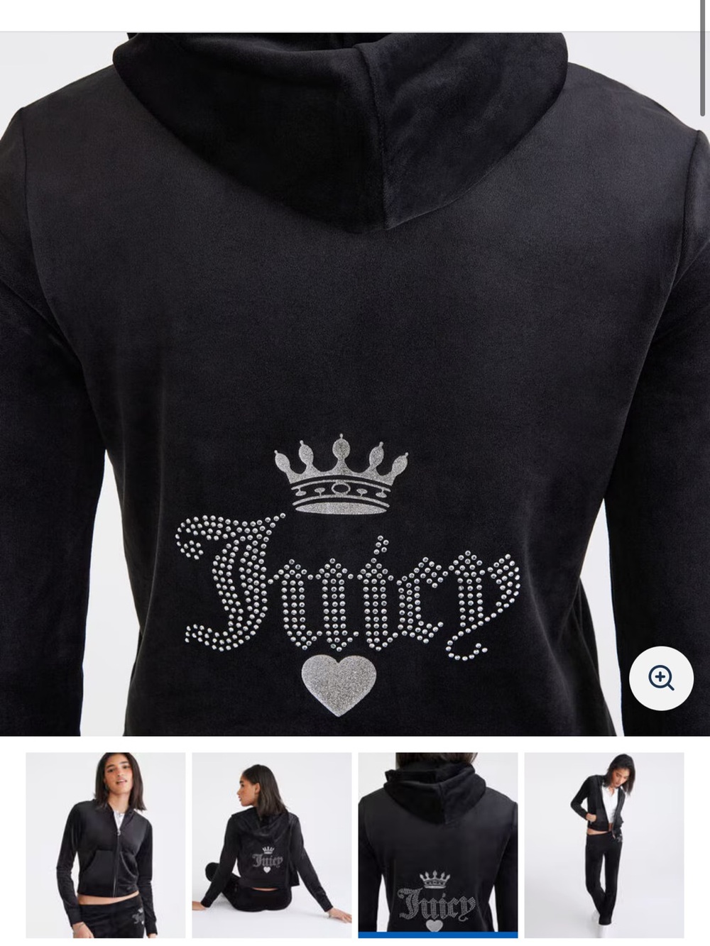 Juicy Couture Black Velour Rhinestone Logo Hoodie Jacket, size Medium, like new